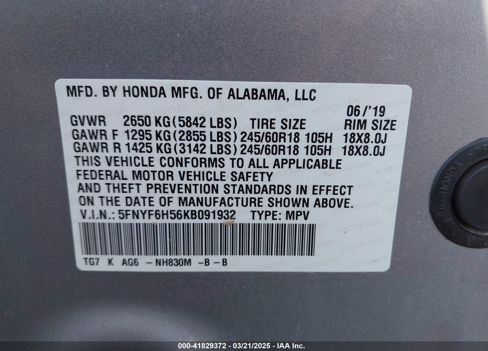 2019 HONDA PILOT EX-L VIN: 5FNYF6H56KB091932