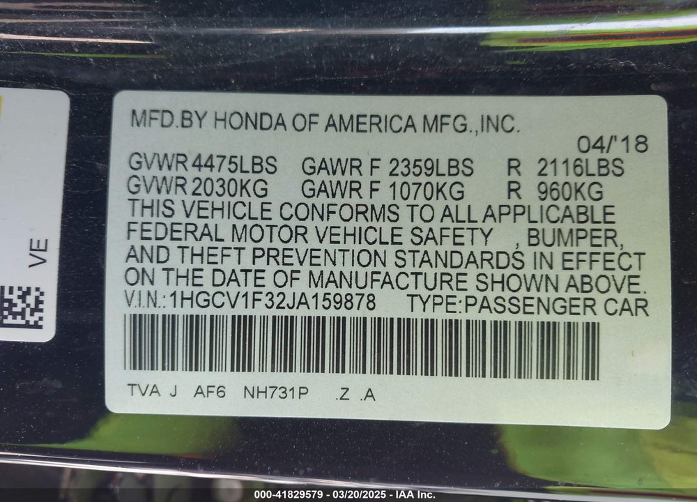 2018 HONDA ACCORD VIN: 1HGCV1F32JA159878