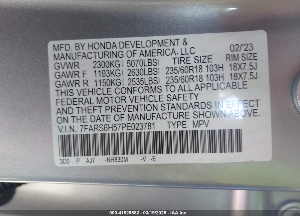 2023 HONDA CR-V HYBRID SPORT VIN: 7FARS6H57PE023781