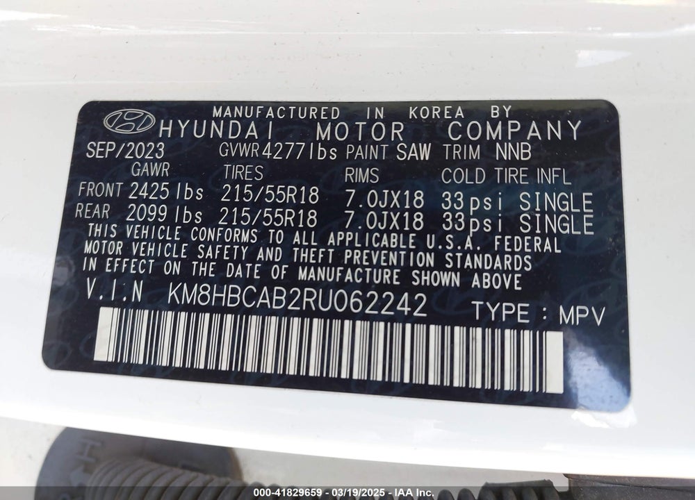 2024 HYUNDAI KONA SEL VIN: KM8HBCAB2RU062242