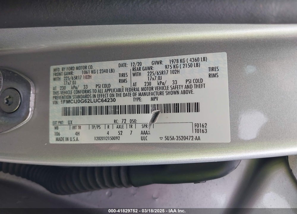 2020 FORD ESCAPE VIN: 1FMCU0G62LUC64230