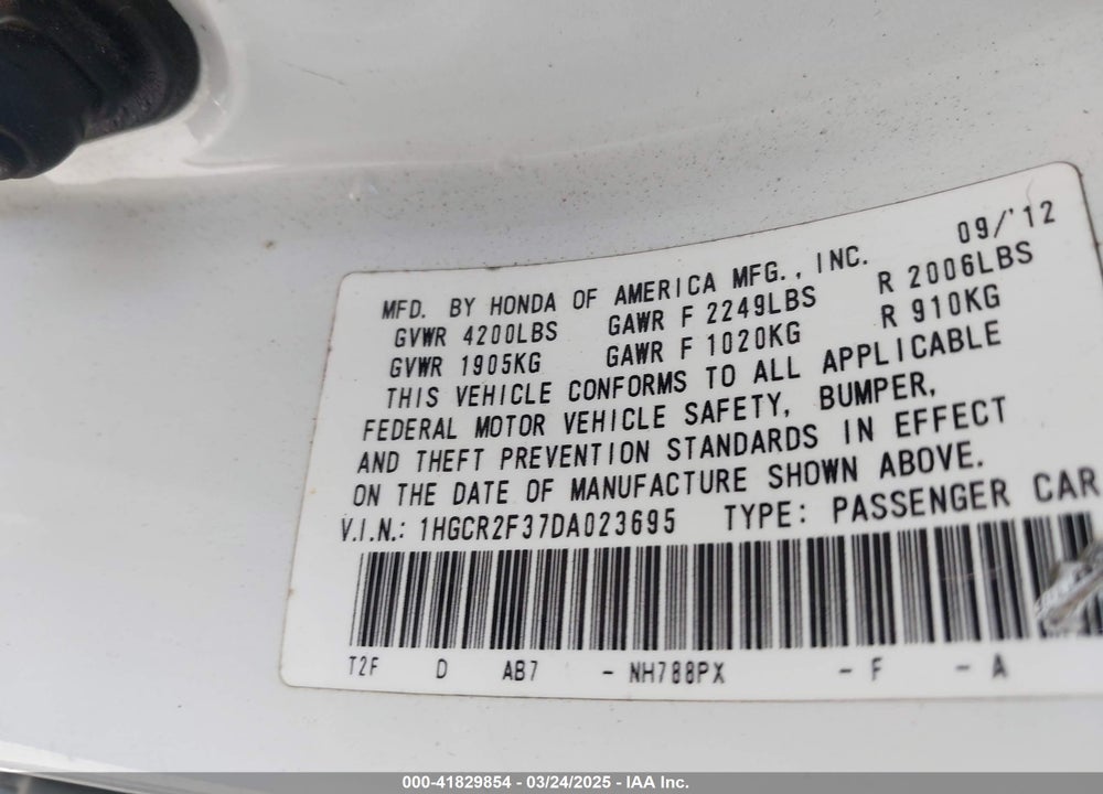 2013 HONDA ACCORD VIN: 1HGCR2F37DA023695