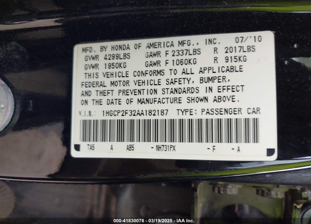 2010 HONDA ACCORD 2.4 LX VIN: 1HGCP2F32AA182187