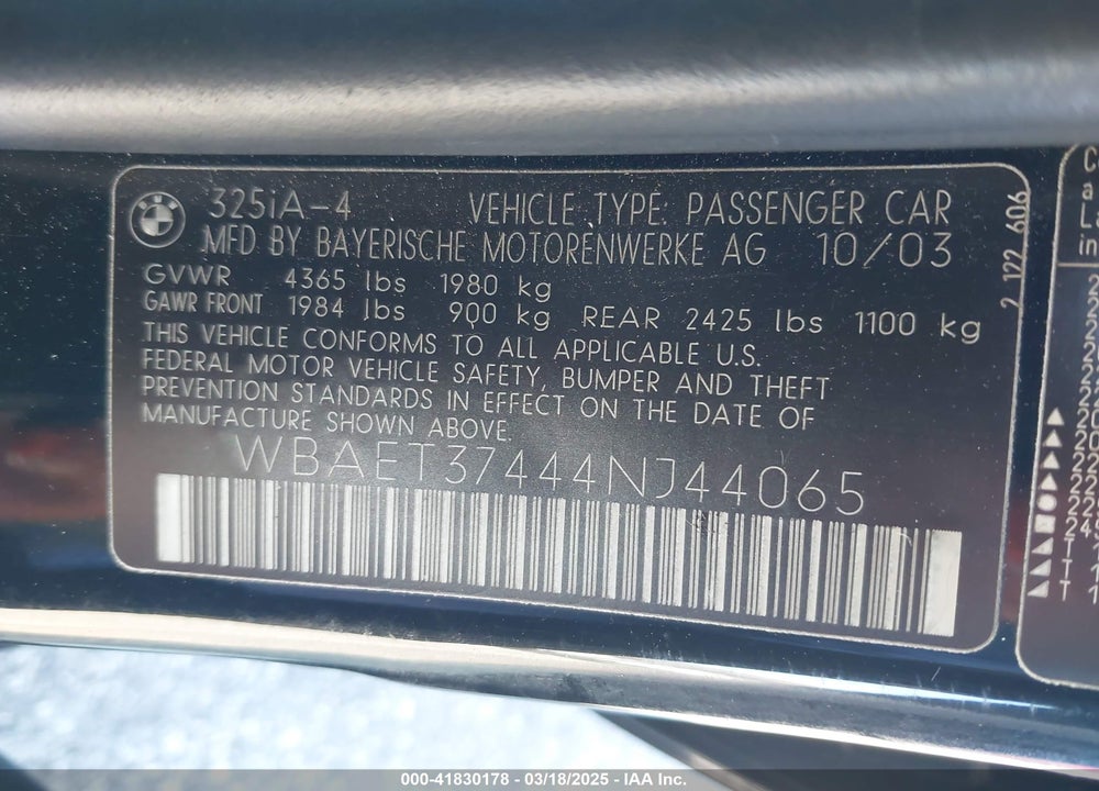 2004 BMW 325I VIN: WBAET37444NJ44065