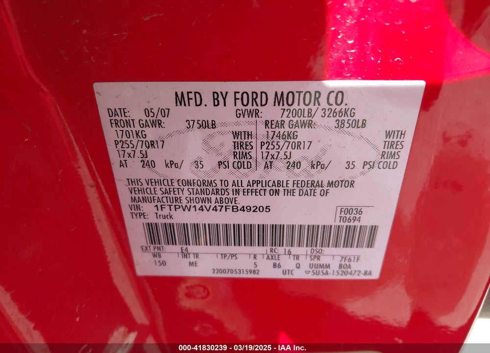2007 FORD F150 SUPERCREW VIN: 1FTPW14V47FB49205