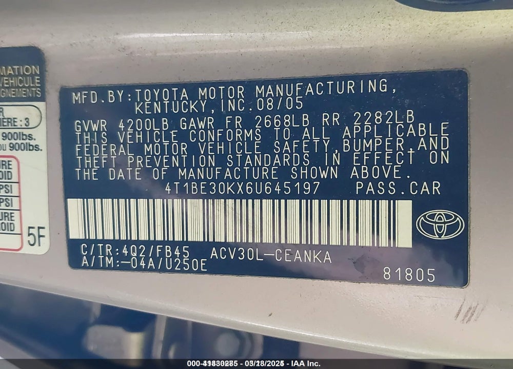 2006 TOYOTA CAMRY LE VIN: 4T1BE30KX6U645197