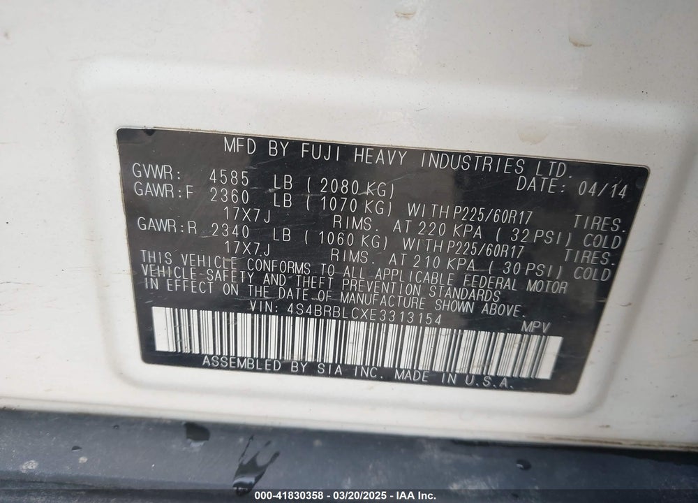 2014 SUBARU OUTBACK VIN: 4S4BRBLCXE3313154