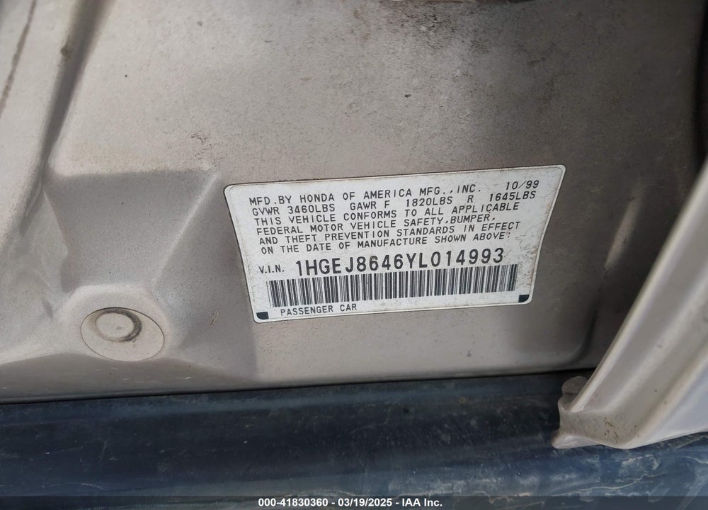 2000 HONDA CIVIC EX VIN: 1HGEJ8646YL014993