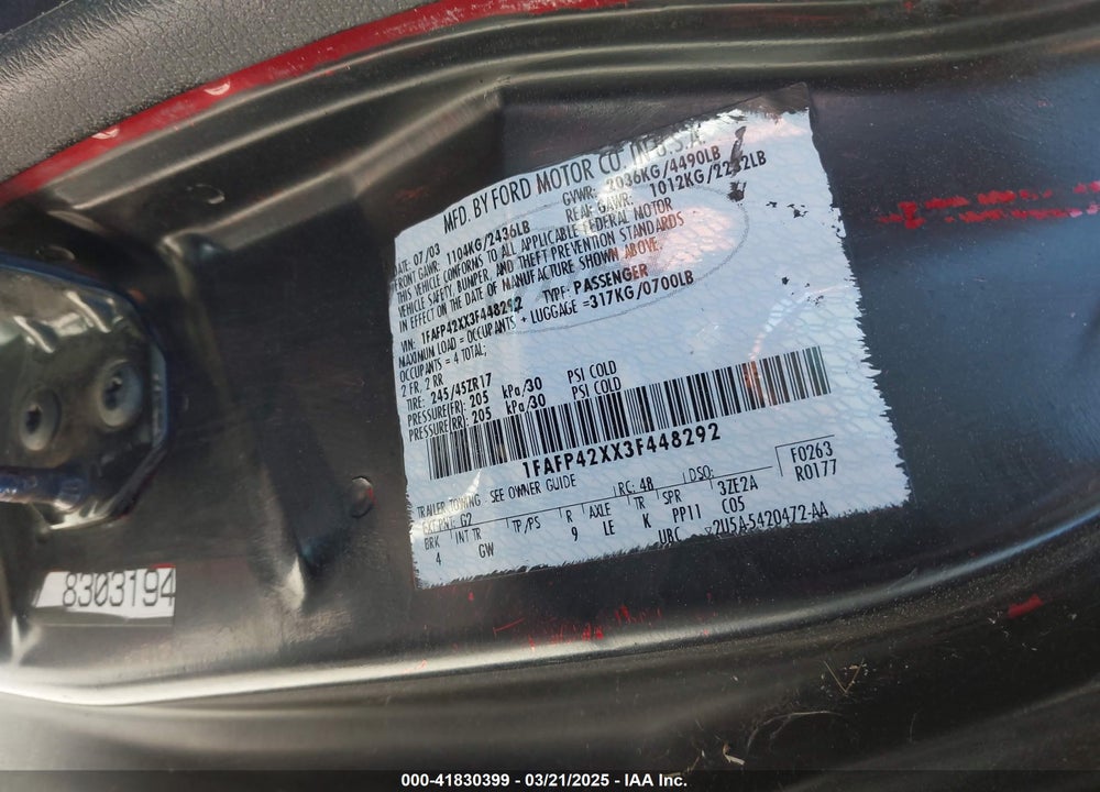 2003 FORD MUSTANG GT/GT DELUXE VIN: 1FAFP42XX3F448292