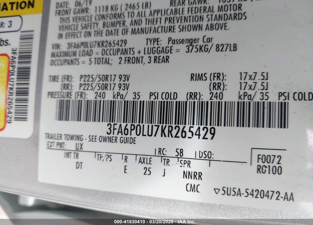 2019 FORD FUSION HYBRID VIN: 3FA6P0LU7KR265429