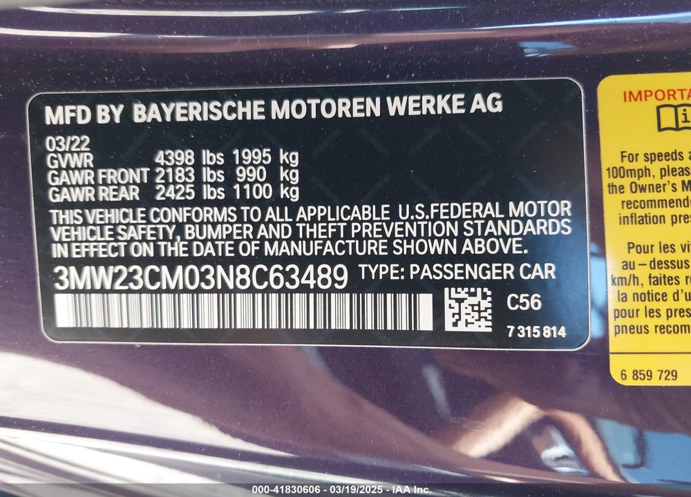 2022 BMW 230 VIN: 3MW23CM03N8C63489