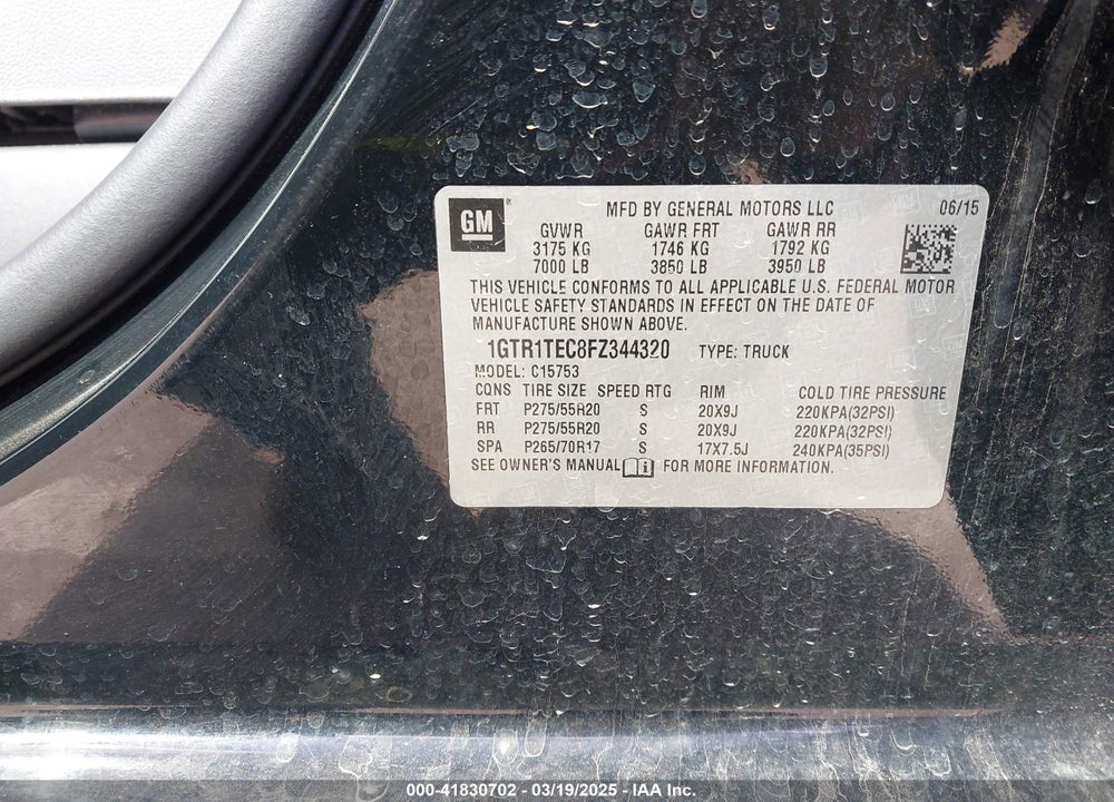 2015 GMC SIERRA 1500 VIN: 1GTR1TEC8FZ344320