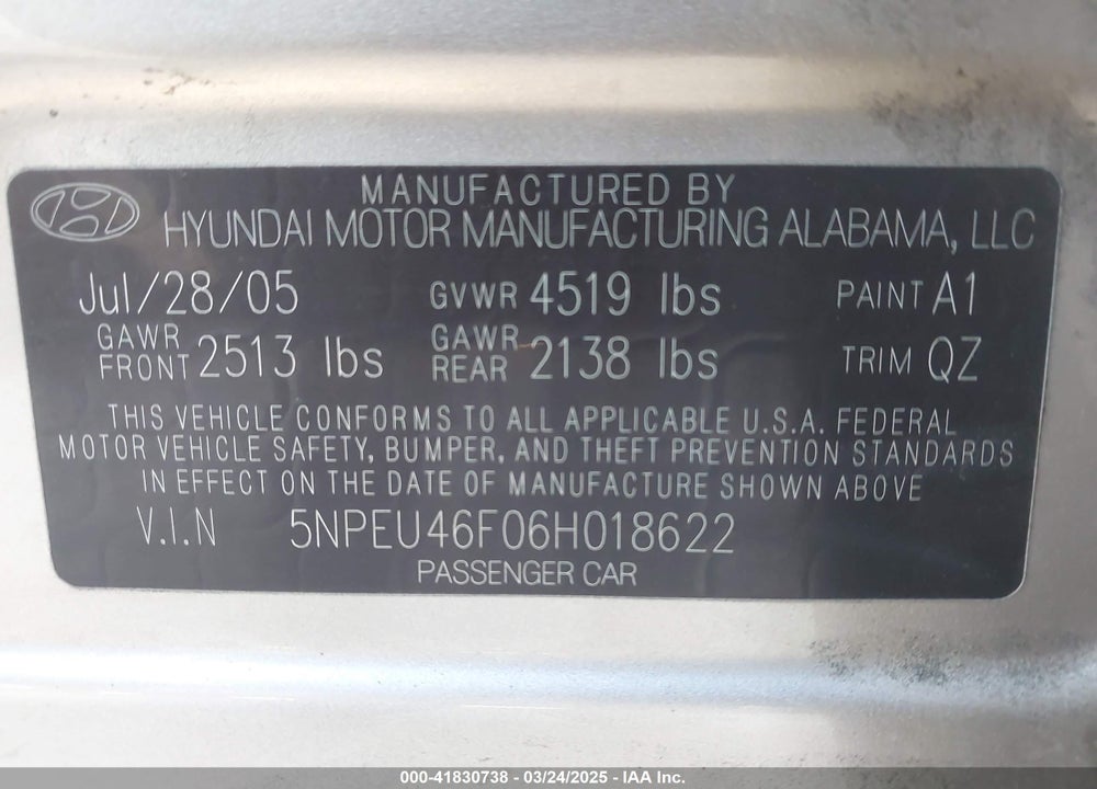 2006 HYUNDAI SONATA VIN: 5NPEU46F06H018622