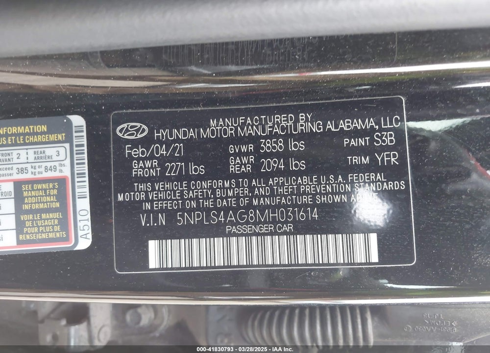 2021 HYUNDAI ELANTRA SEL VIN: 5NPLS4AG8MH031614