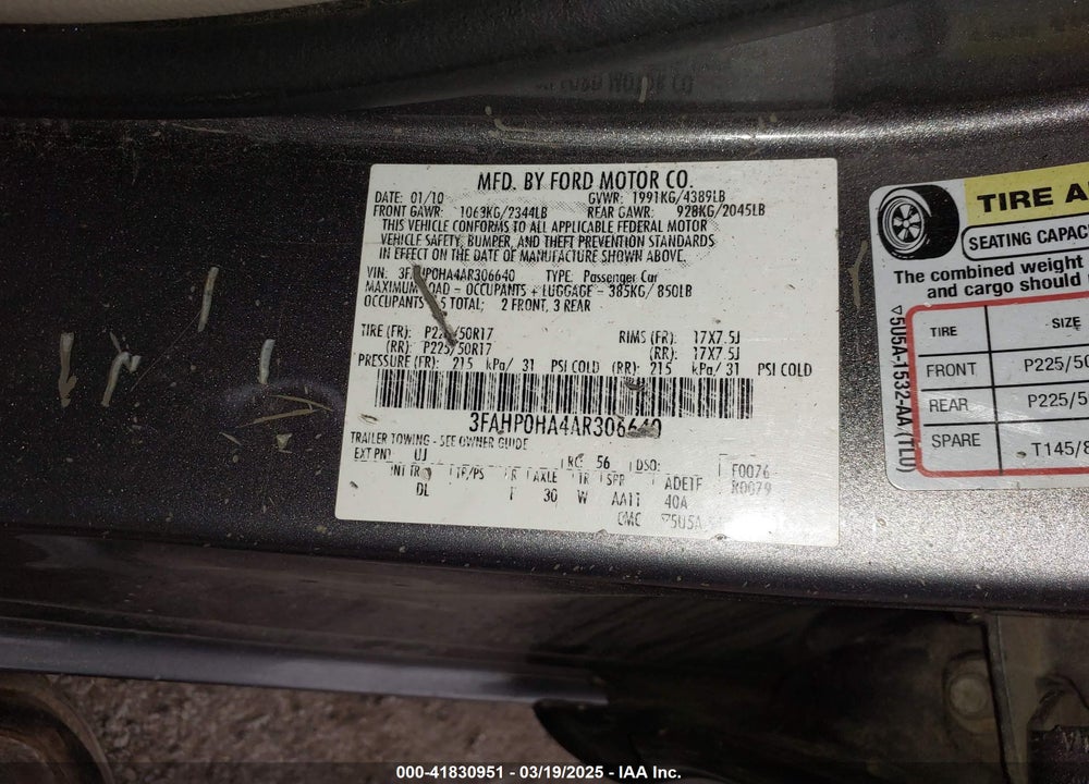 2010 FORD FUSION VIN: 3FAHP0HA4AR306640
