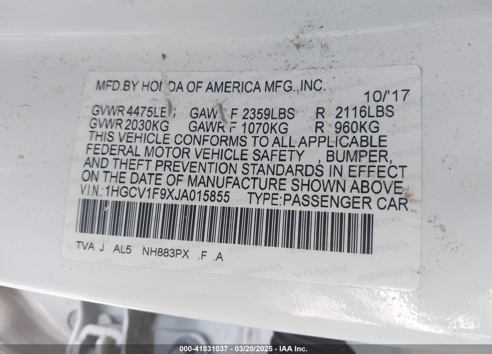 2018 HONDA ACCORD VIN: 1HGCV1F9XJA015855