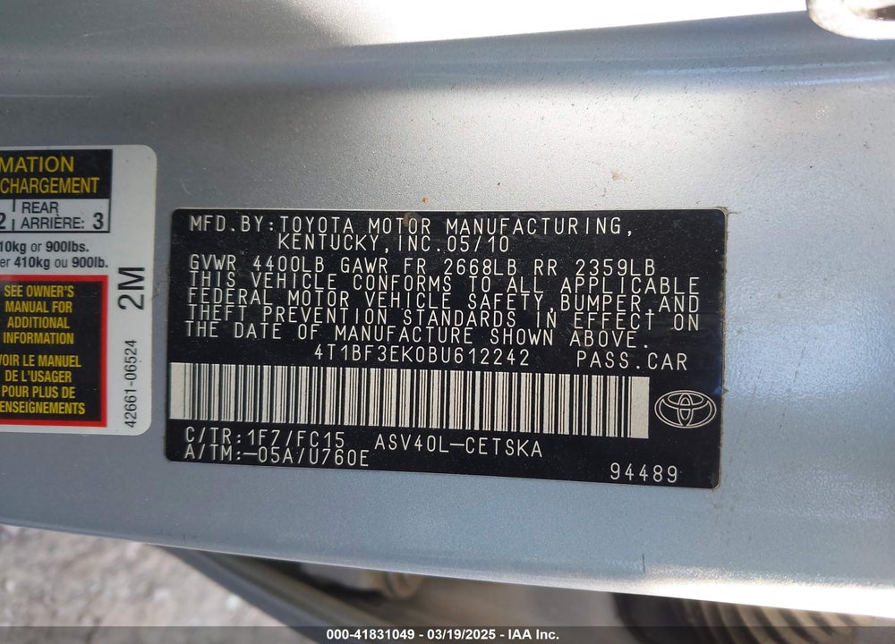 2011 TOYOTA CAMRY VIN: 4T1BF3EK0BU612242