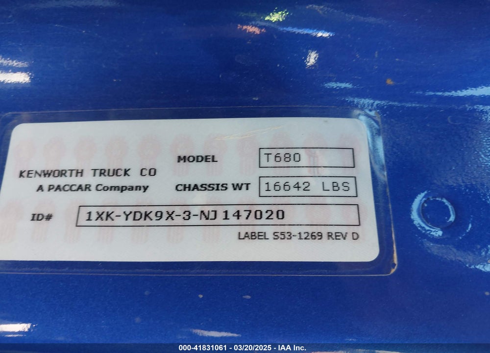 2022 KENWORTH T680 VIN: 1XKYDK9X3NJ147020