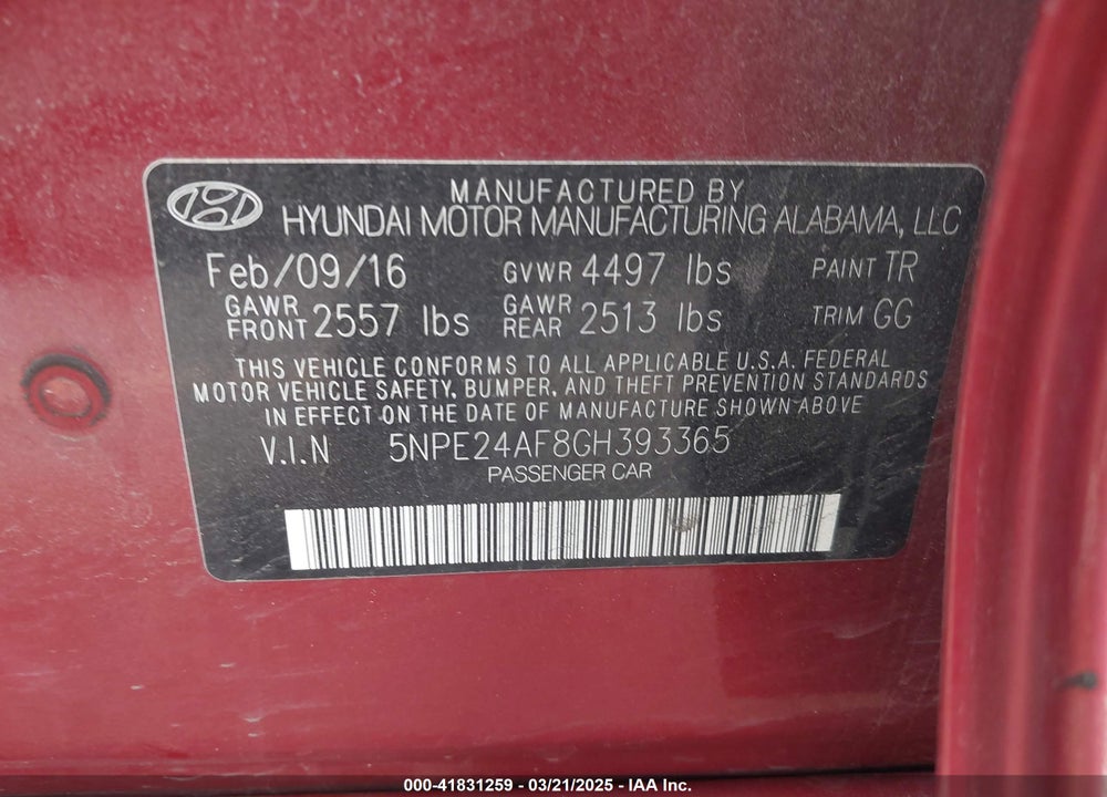2016 HYUNDAI SONATA VIN: 5NPE24AF8GH393365