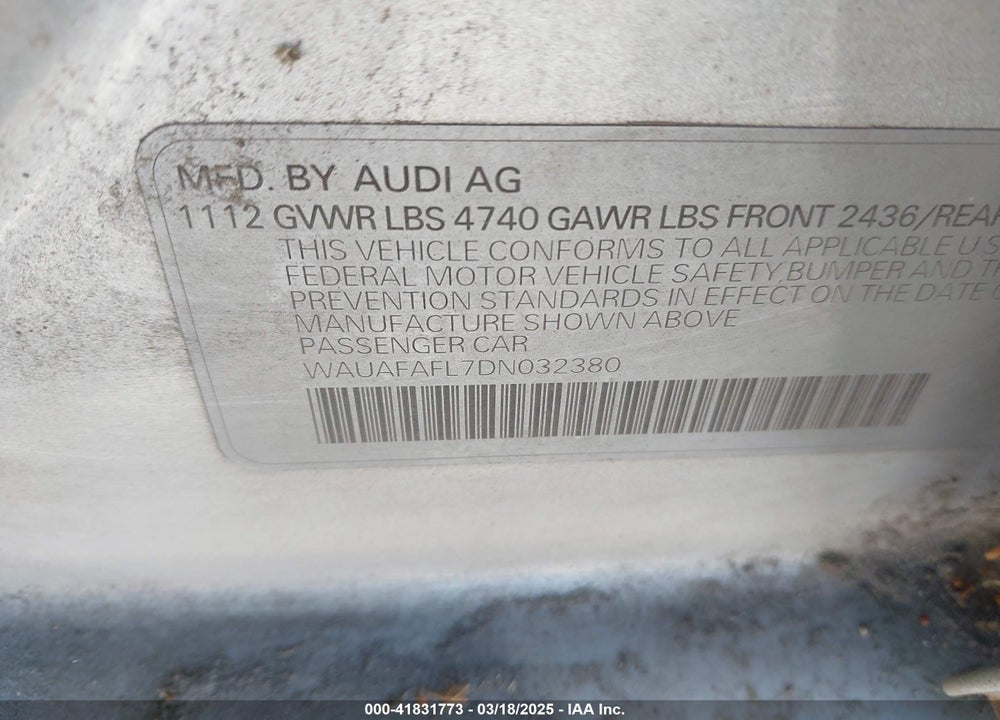 2013 AUDI A4 VIN: WAUAFAFL7DN032380
