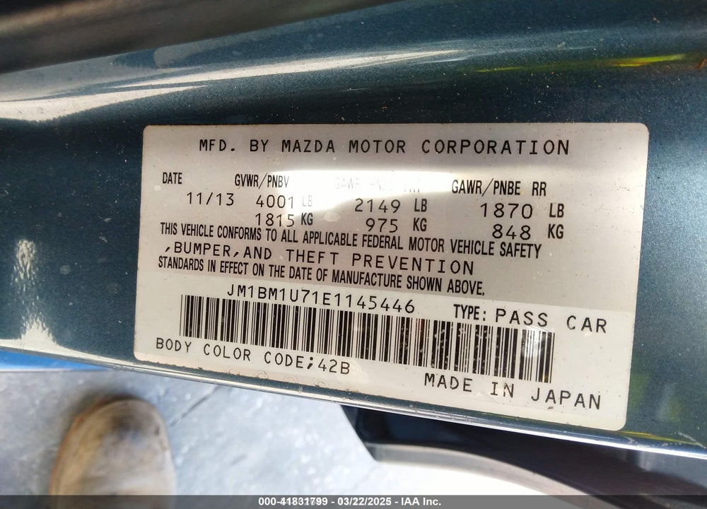 2014 MAZDA MAZDA3 VIN: JM1BM1U71E1145446