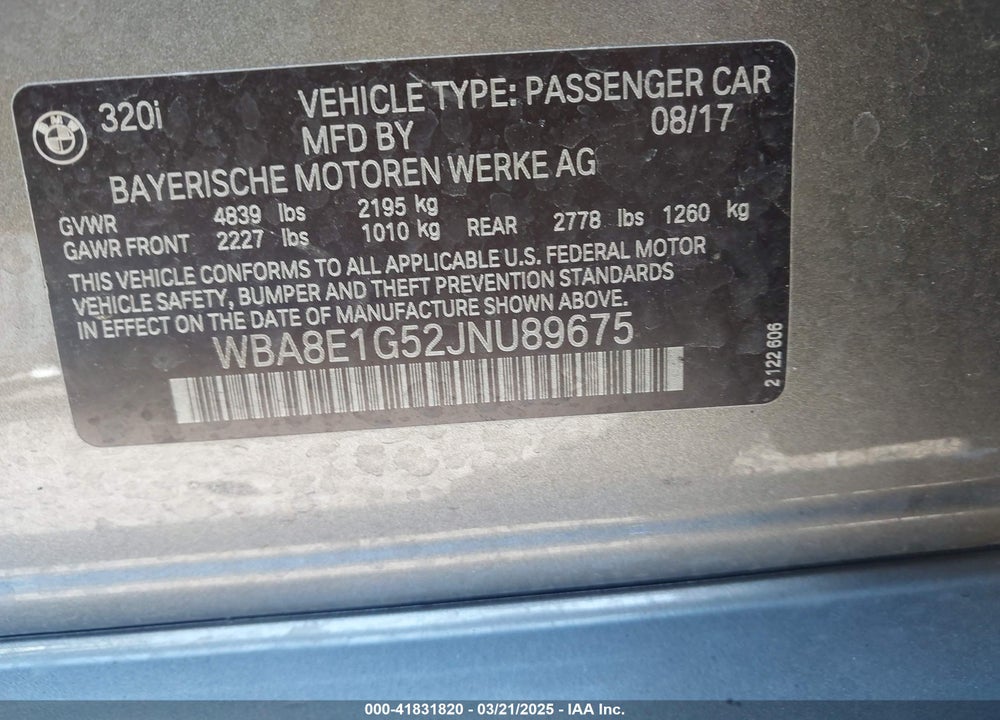 2018 BMW 320I VIN: WBA8E1G52JNU89675