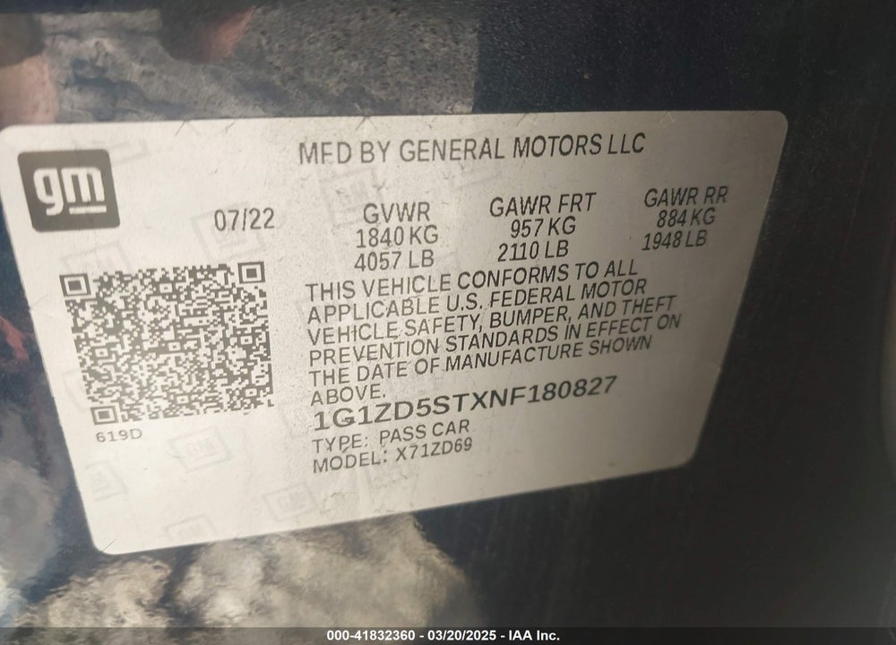 2022 CHEVROLET MALIBU VIN: 1G1ZD5STXNF180827