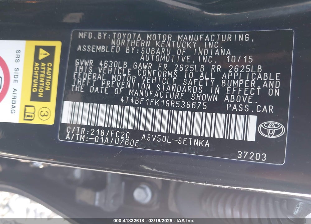 2016 TOYOTA CAMRY VIN: 4T4BF1FK1GR536675