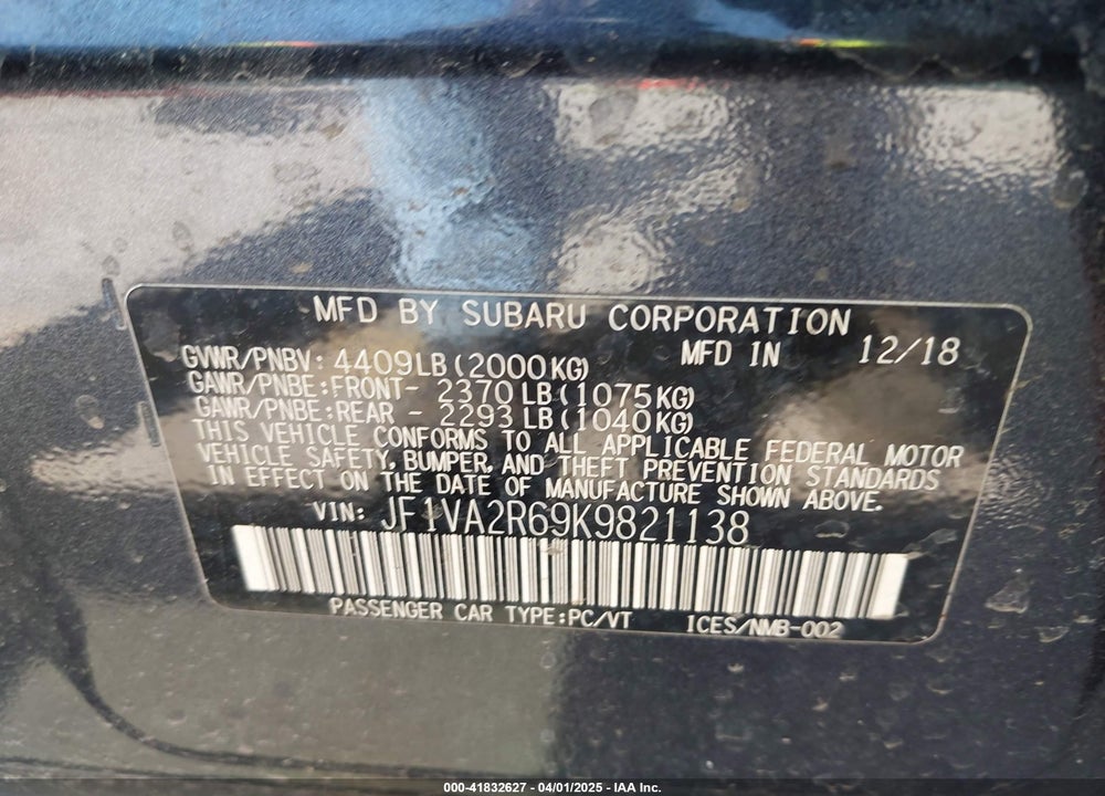 2019 SUBA WRX STI MANUAL VIN: JF1VA2R69K9821138