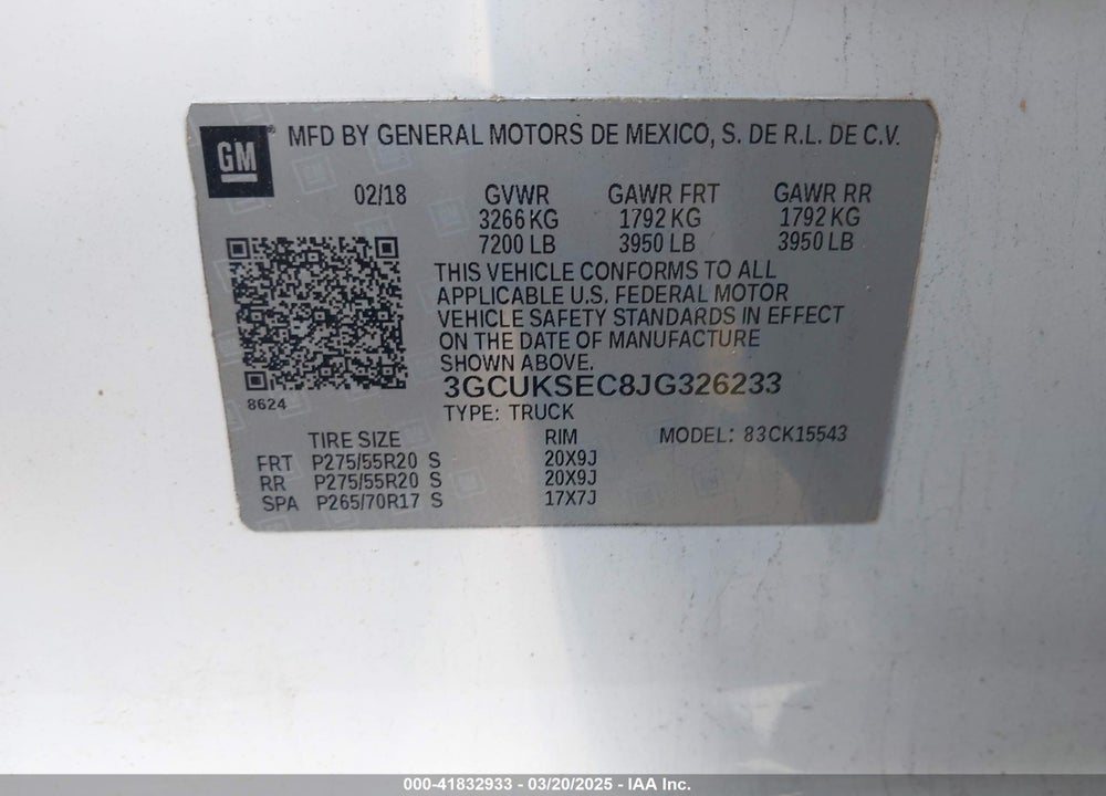 2018 CHEVROLET SILVERADO VIN: 3GCUKSEC8JG326233
