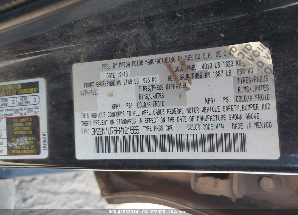 2017 MAZDA 3 VIN: 3MZBN1U78HM121565