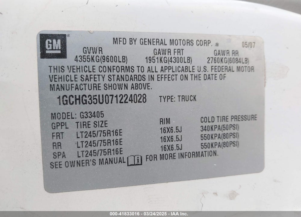 2007 CHEVROLET EXPRESS WORK VAN VIN: 1GCHG35U071224028
