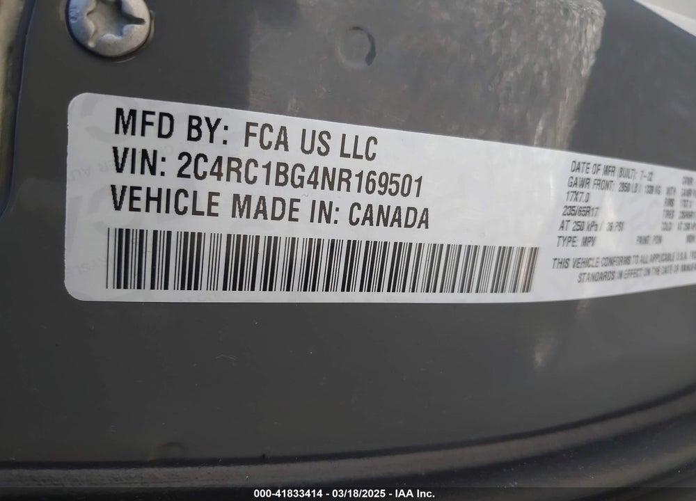 2022 CHRYSLER PACIFICA TOURING L VIN: 2C4RC1BG4NR169501
