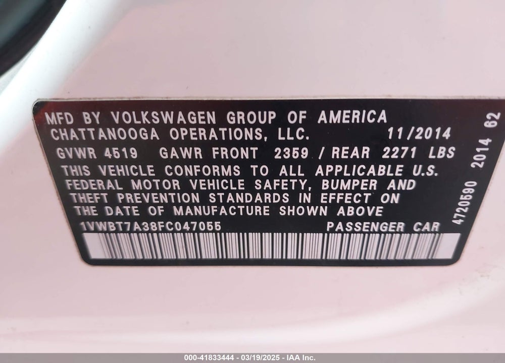 2015 VOLKSWAGEN PASSAT 1.8T SE VIN: 1VWBT7A38FC047055