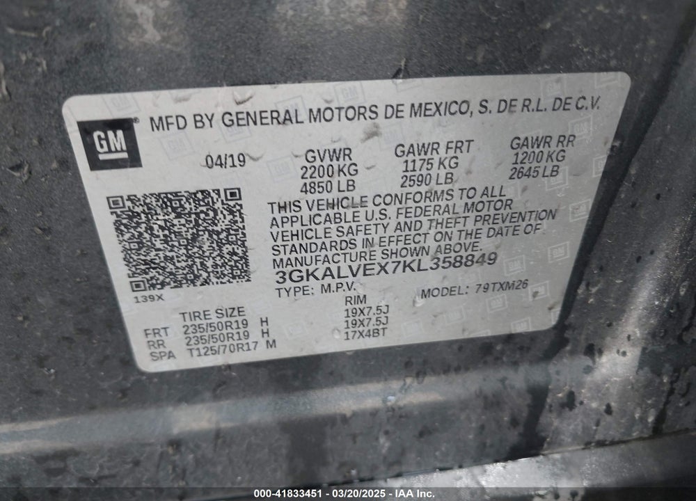2019 GMC TERRAIN VIN: 3GKALVEX7KL358849