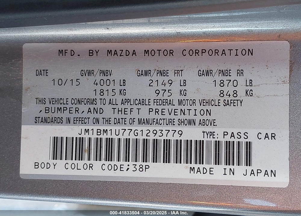 2016 MAZDA 3 VIN: JM1BM1U77G1293779