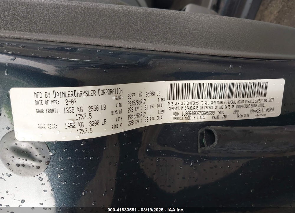 2007 JEEP GRAND CHEROKEE VIN: 1J8GR48K67C605689
