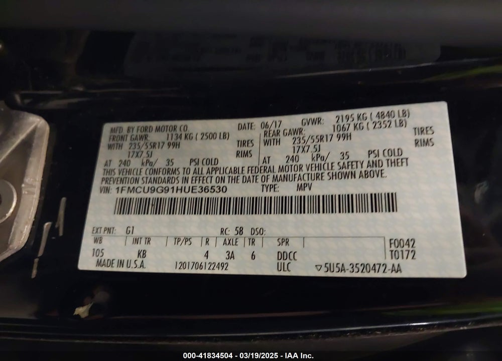 2017 FORD ESCAPE VIN: 1FMCU9G91HUE36530
