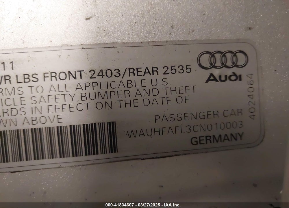 2012 AUDI A4 VIN: WAUHFAFL3CN010003