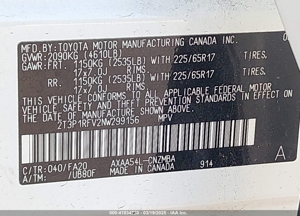 2022 TOYOTA RAV4 XLE VIN: 2T3P1RFV2NW299156