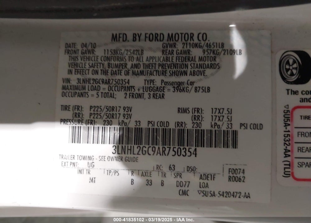 2010 LINCOLN MKZ VIN: 3LNHL2GC9AR750354