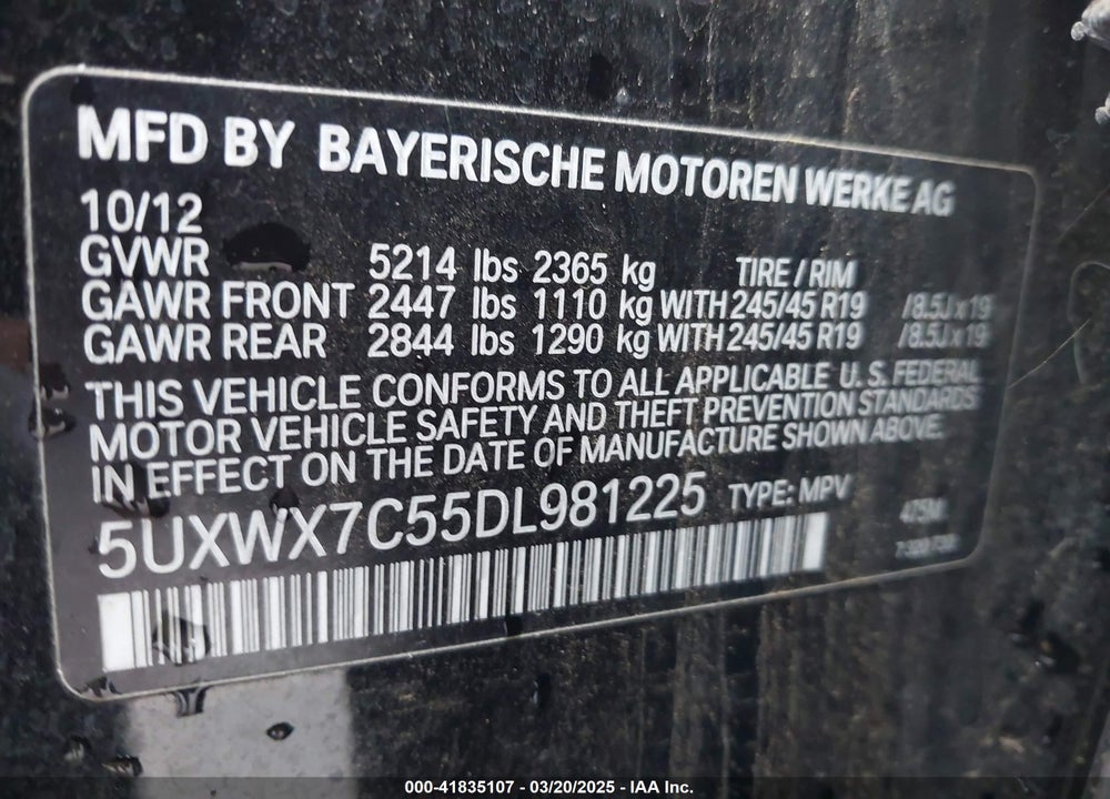 2013 BMW X3 XDRIVE35I VIN: 5UXWX7C55DL981225