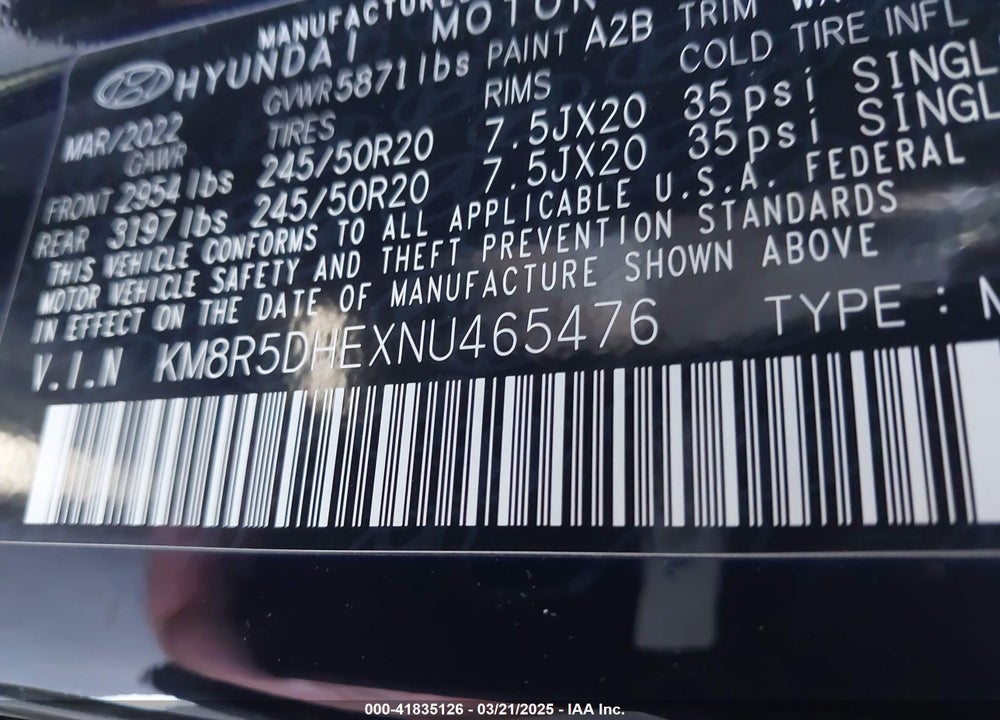 2022 HYUNDAI PALISADE VIN: KM8R5DHEXNU465476