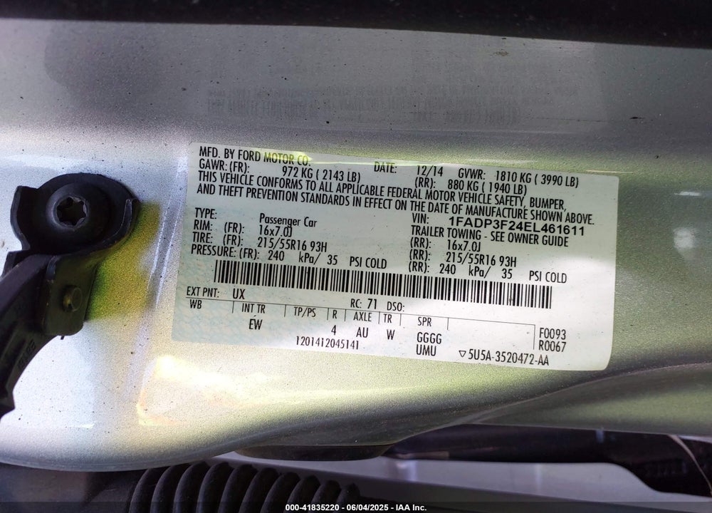2014 FORD FOCUS VIN: 1FADP3F24EL461611