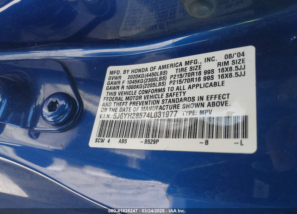 2004 HONDA ELEMENT EX VIN: 5J6YH28574L031977