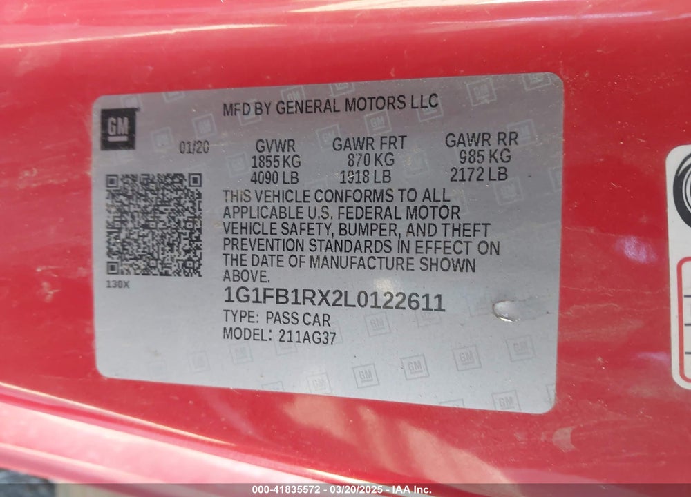 2020 CHEVROLET CAMARO RWD 1LT VIN: 1G1FB1RX2L0122611