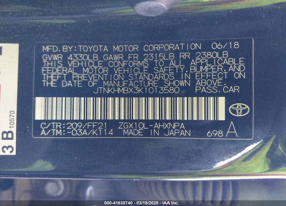 2019 TOYOTA C-HR VIN: JTNKHMBX3K1013580