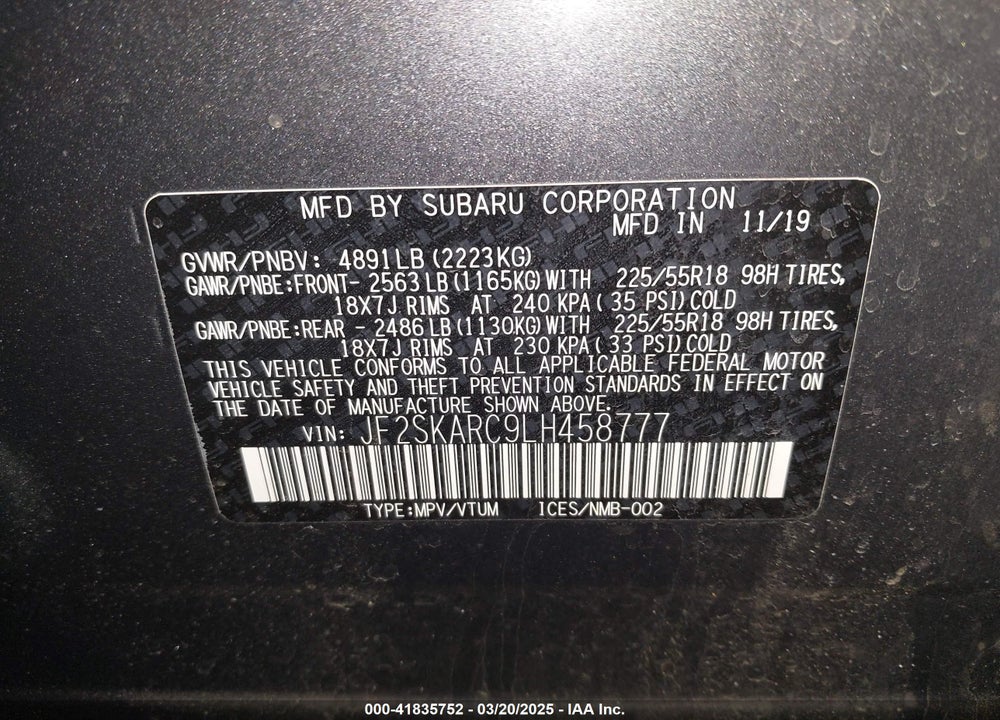 2020 SUBARU FORESTER VIN: JF2SKARC9LH458777