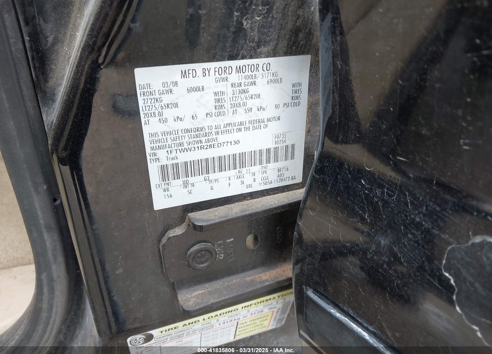 2008 FORD F-350 FX4/HARLEY-DAVIDSON/KING RANCH/LARIAT/XL/XLT VIN: 1FTWW31R28ED77130