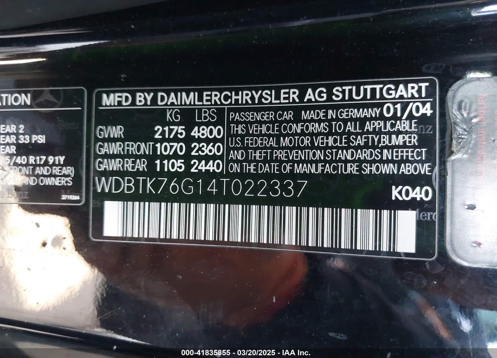 2004 MERCEDES-BENZ CLK 55 AMG VIN: WDBTK76G14T022337